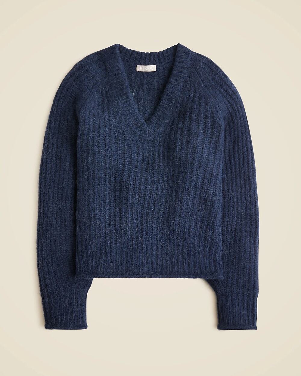 J. Crew Ribbed V-Neck Sweater in Wool Blend Navy
